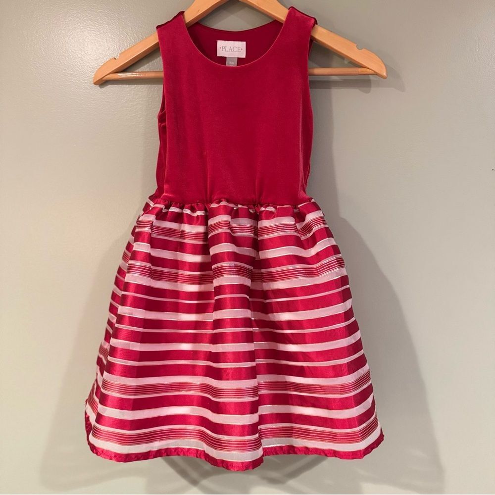 Childrens Place Red Velvet Striped Holiday Tutu Dress S 5-6 Sparkly Christmas EC